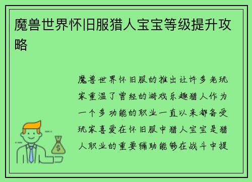 魔兽世界怀旧服猎人宝宝等级提升攻略